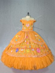 Sleeveless Organza Floor Length Lace Up Quinceanera Dress in Gold with Embroidery