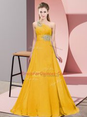 Attractive Orange One Shoulder Lace Up Beading and Ruching Party Dresses Brush Train Sleeveless