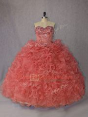Orange Sleeveless Organza Brush Train Lace Up 15 Quinceanera Dress for Sweet 16 and Quinceanera