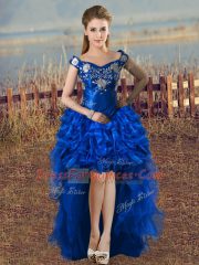 Colorful Embroidery and Ruffles Prom Dresses Royal Blue Lace Up Sleeveless High Low