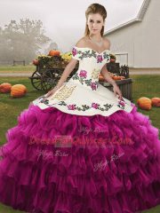 Fuchsia Off The Shoulder Neckline Embroidery and Ruffled Layers Quinceanera Dresses Sleeveless Lace Up