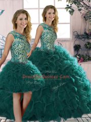 Peacock Green Lace Up Quinceanera Gown Beading and Ruffles Sleeveless Floor Length