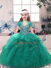 Ball Gowns Little Girl Pageant Dress Turquoise Straps Tulle Sleeveless Floor Length Side Zipper
