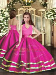 Fantastic Sleeveless Floor Length Ruffled Layers Lace Up Pageant Dress for Girls with Fuchsia