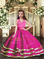 Fantastic Sleeveless Floor Length Ruffled Layers Lace Up Pageant Dress for Girls with Fuchsia