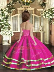 Fantastic Sleeveless Floor Length Ruffled Layers Lace Up Pageant Dress for Girls with Fuchsia