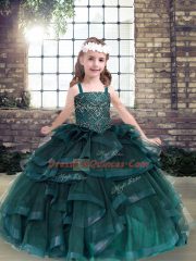 Peacock Green Sleeveless Tulle Lace Up Kids Pageant Dress for Party and Military Ball and Wedding Party