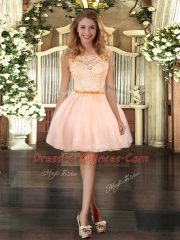 Exquisite Peach Organza Zipper Scoop Sleeveless Mini Length Prom Gown Lace