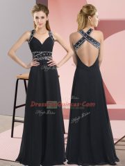 Dazzling Black Empire Beading Evening Dress Backless Chiffon Sleeveless Floor Length