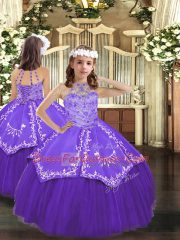 Stylish Sleeveless Tulle Floor Length Lace Up Kids Pageant Dress in Purple with Beading and Embroidery