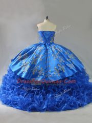 Popular Royal Blue Fabric With Rolling Flowers Lace Up Quinceanera Gowns Sleeveless Embroidery and Ruffles