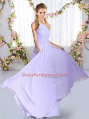 Lavender Empire One Shoulder Sleeveless Chiffon Floor Length Lace Up Ruching Quinceanera Court Dresses