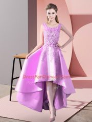 Superior Lilac Satin Zipper Scoop Sleeveless High Low Quinceanera Court Dresses Lace