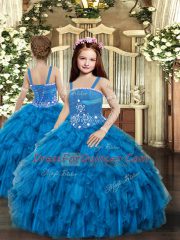 Blue Sleeveless Tulle Lace Up Pageant Gowns For Girls for Party and Wedding Party