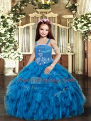 Blue Sleeveless Tulle Lace Up Pageant Gowns For Girls for Party and Wedding Party