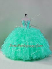 Flirting Turquoise Organza Lace Up Sweetheart Sleeveless Floor Length Ball Gown Prom Dress Beading and Ruffles