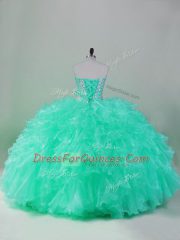 Flirting Turquoise Organza Lace Up Sweetheart Sleeveless Floor Length Ball Gown Prom Dress Beading and Ruffles