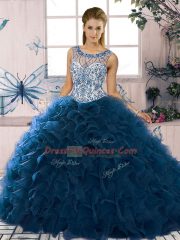 Custom Design Floor Length Navy Blue Vestidos de Quinceanera Organza Sleeveless Beading and Ruffles