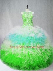 Multi-color Ball Gowns Scoop Sleeveless Tulle Floor Length Zipper Beading and Ruffles 15th Birthday Dress