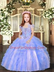 High End Blue And White Lace Up Pageant Gowns For Girls Beading and Ruffles Sleeveless Floor Length
