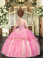 High End Blue And White Lace Up Pageant Gowns For Girls Beading and Ruffles Sleeveless Floor Length