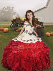 Floor Length Ball Gowns Sleeveless Red Child Pageant Dress Lace Up