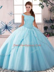 Fancy Light Blue Ball Gowns Off The Shoulder Sleeveless Tulle Brush Train Lace Up Beading 15 Quinceanera Dress