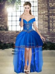 Royal Blue A-line Beading Evening Dress Lace Up Tulle Sleeveless High Low