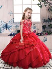 Red Sleeveless Floor Length Beading and Ruffled Layers Lace Up Pageant Dress for Womens