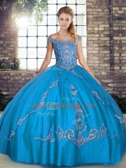 Off The Shoulder Sleeveless Tulle Ball Gown Prom Dress Beading and Embroidery Lace Up
