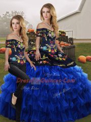 New Style Floor Length Lace Up Ball Gown Prom Dress Blue And Black for Military Ball and Sweet 16 and Quinceanera with Embroidery and Ruffled Layers