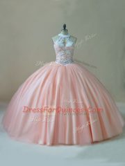Affordable Tulle Sleeveless Floor Length Vestidos de Quinceanera and Beading and Lace