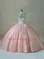 Affordable Tulle Sleeveless Floor Length Vestidos de Quinceanera and Beading and Lace