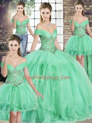 Sexy Floor Length Apple Green 15th Birthday Dress Off The Shoulder Sleeveless Lace Up