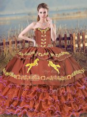Luxury Brown Satin and Organza Lace Up Ball Gown Prom Dress Sleeveless Brush Train Embroidery and Ruffled Layers
