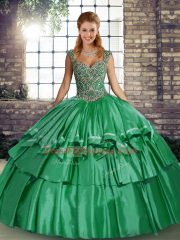 Ideal Straps Sleeveless 15 Quinceanera Dress Floor Length Beading and Ruffled Layers Green Taffeta