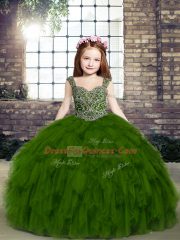 Olive Green Straps Lace Up Beading and Ruffles Kids Formal Wear Sleeveless