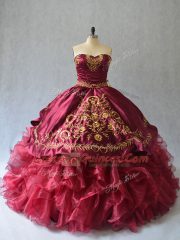 Most Popular Burgundy Sleeveless Brush Train Beading and Embroidery Quinceanera Dresses
