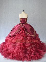 Most Popular Burgundy Sleeveless Brush Train Beading and Embroidery Quinceanera Dresses