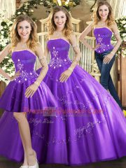 Fashionable Strapless Sleeveless Ball Gown Prom Dress Floor Length Beading Purple Tulle