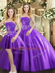 Fashionable Strapless Sleeveless Ball Gown Prom Dress Floor Length Beading Purple Tulle