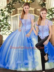 Blue Two Pieces Strapless Sleeveless Tulle Floor Length Lace Up Beading and Ruffles Ball Gown Prom Dress