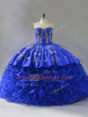 Fabric With Rolling Flowers Sweetheart Sleeveless Lace Up Embroidery and Ruffles 15th Birthday Dress in Royal Blue