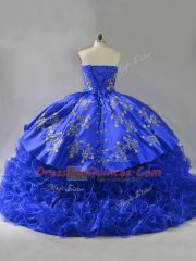 Fabric With Rolling Flowers Sweetheart Sleeveless Lace Up Embroidery and Ruffles 15th Birthday Dress in Royal Blue