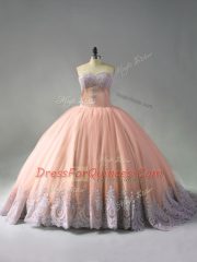 Court Train Ball Gowns Quinceanera Dress Peach Sweetheart Tulle Sleeveless Lace Up