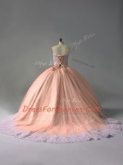 Court Train Ball Gowns Quinceanera Dress Peach Sweetheart Tulle Sleeveless Lace Up