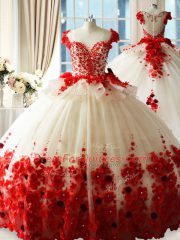 Fitting Red Ball Gowns Hand Made Flower Quinceanera Gown Zipper Tulle Sleeveless