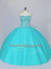 Floor Length Lace Up Sweet 16 Dress Aqua Blue for Sweet 16 and Quinceanera with Beading