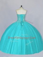 Floor Length Lace Up Sweet 16 Dress Aqua Blue for Sweet 16 and Quinceanera with Beading