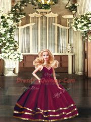 Burgundy Ball Gowns V-neck Sleeveless Tulle Floor Length Backless Ruffled Layers Ball Gown Prom Dress